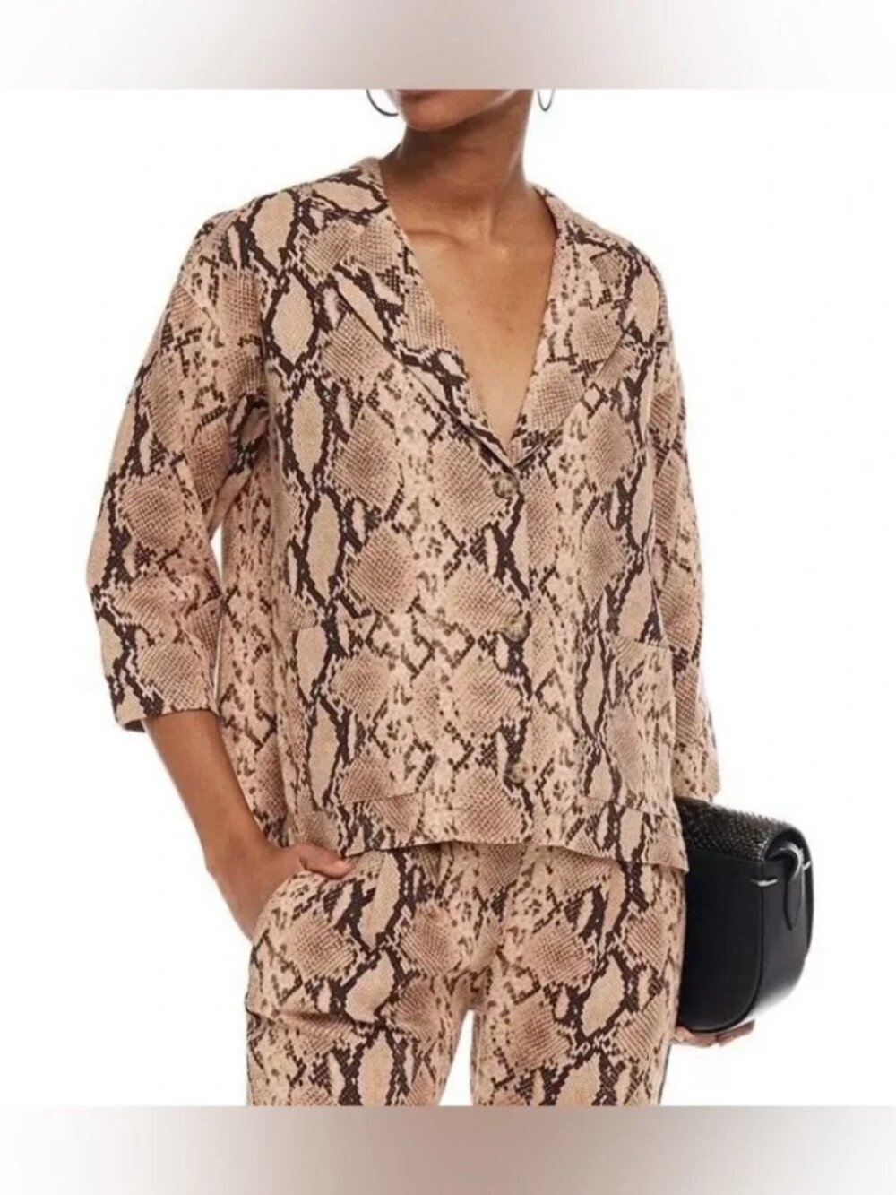 ENZA COSTA Shirt Womens 1 Small Brown Snake Print Linen Crop Button Jacket Top
